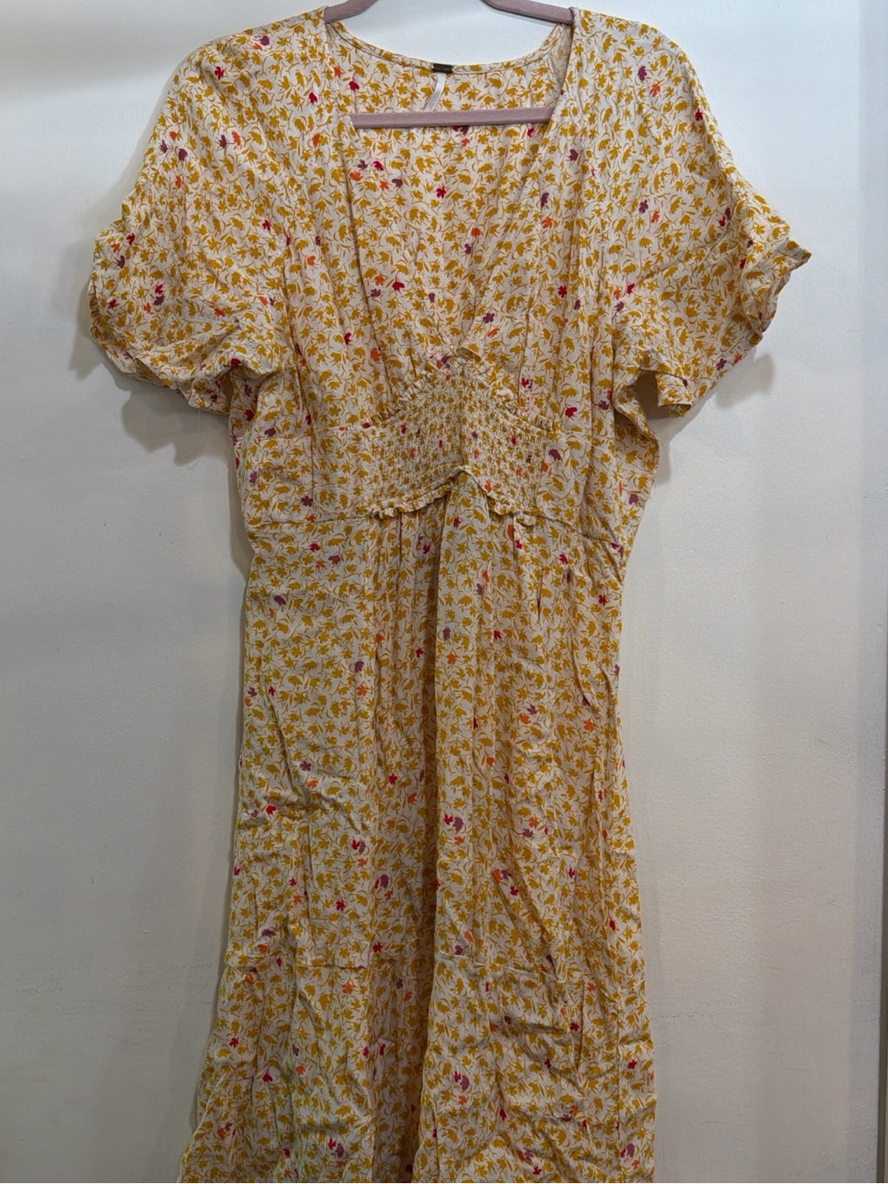 Free People Yellow Floral Midi Dress with Pink Accents